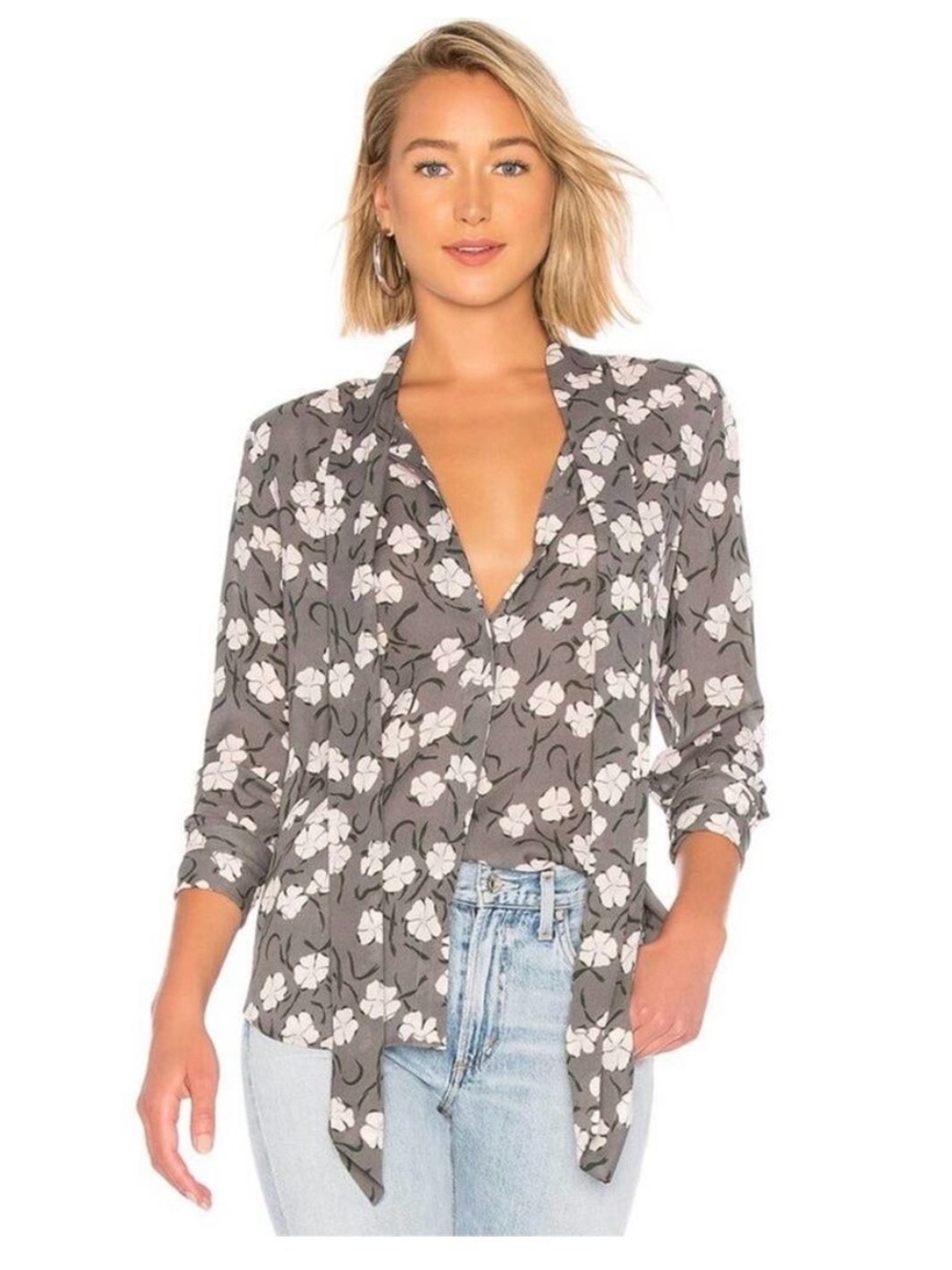 Equipment Charcoal Floral Tie-Neck Blouse Jacket with Cream Flowers